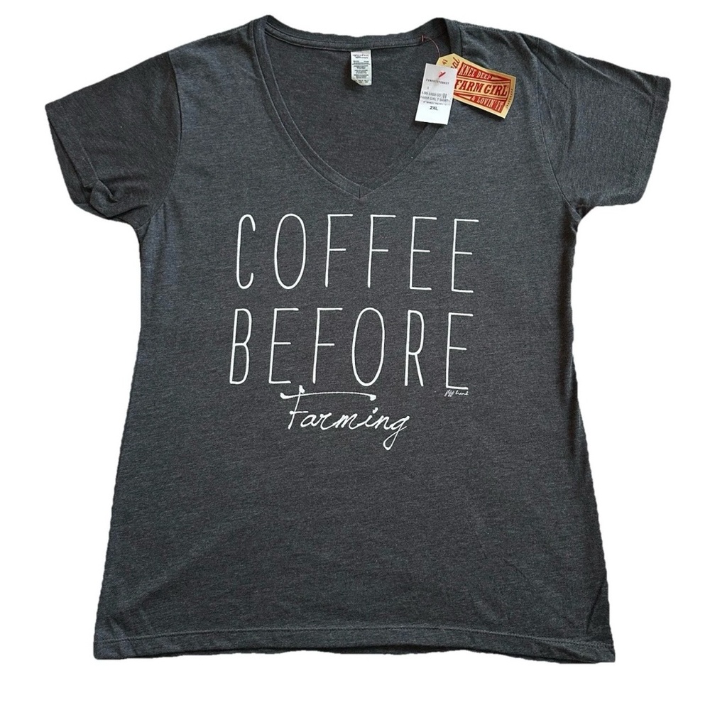Farm Girl “Coffee Before Farming” Gray V-Neck Womens T-shirt 2XL-Western Country